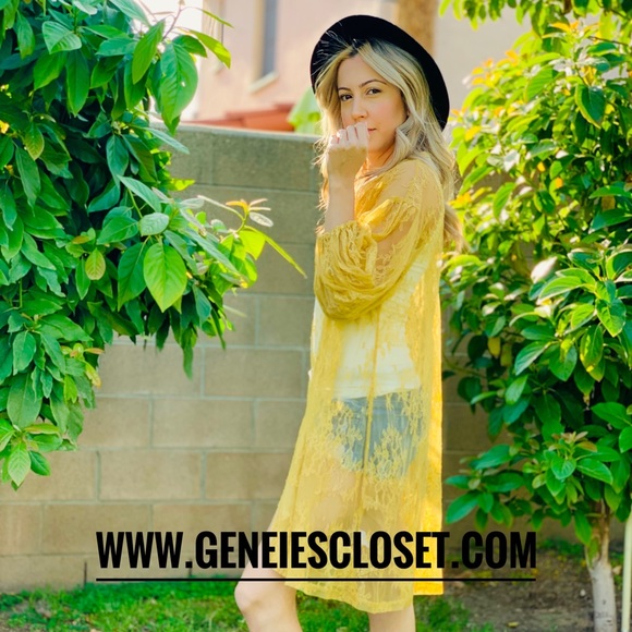 Mustard lace kimono open front midi length - Picture 7 of 7